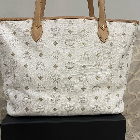 MCM White Canvas Monogram Tote with Brown Leather Trim and Yellow-Black Stripe - Picture 5 of 7